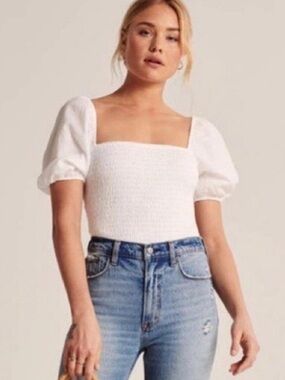 A&F Square Neck Puff Sleeve White Smocked Top